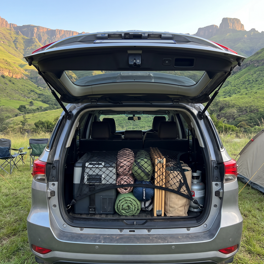 Cargo net holding a camping fridge and sleeping bags in a Toyota Fortuner boot in the Drakensberg