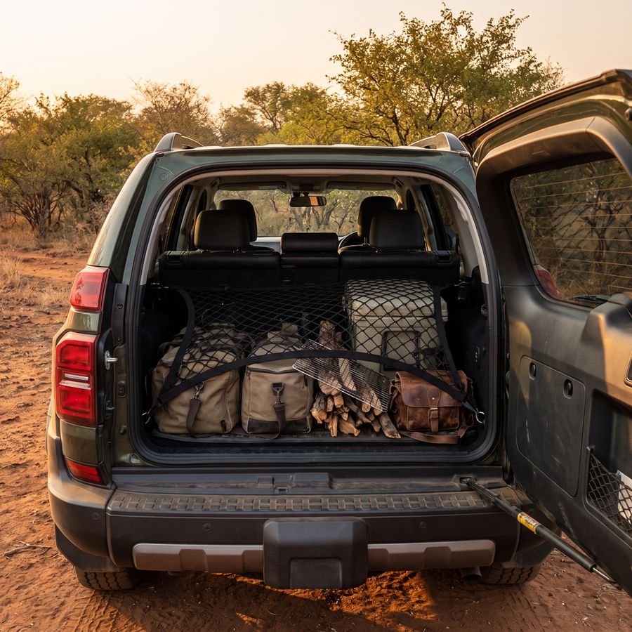 Cargo net securing bags and braai wood in a Toyota Prado boot in the bushveld