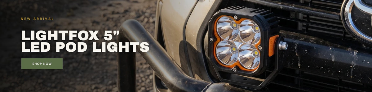Lightfox 5 inch LED pod lights fitted to a Toyota Hilux bullbar in the Karoo