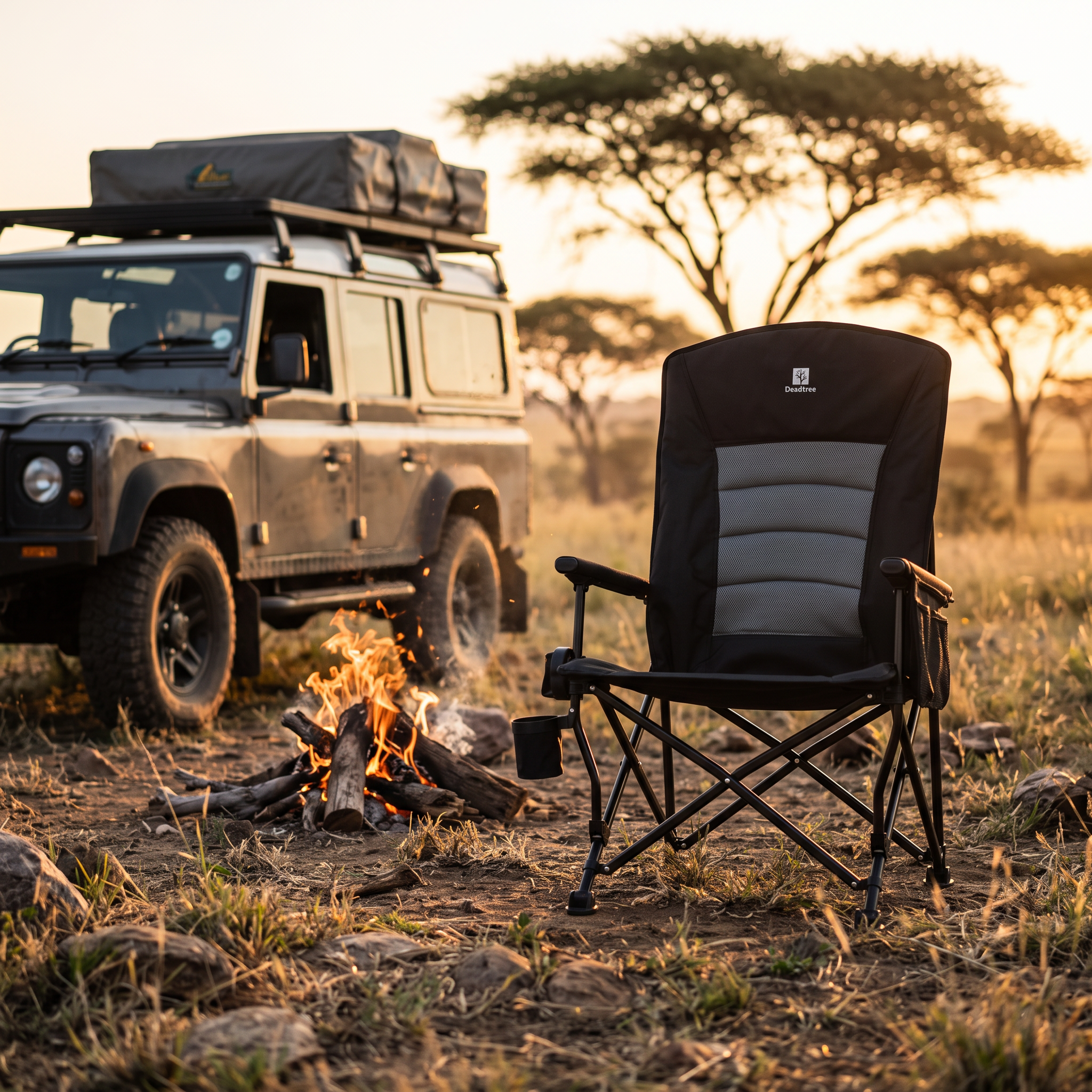 Deadtree Deluxe camping chair set up at a bushveld campsite at golden hour