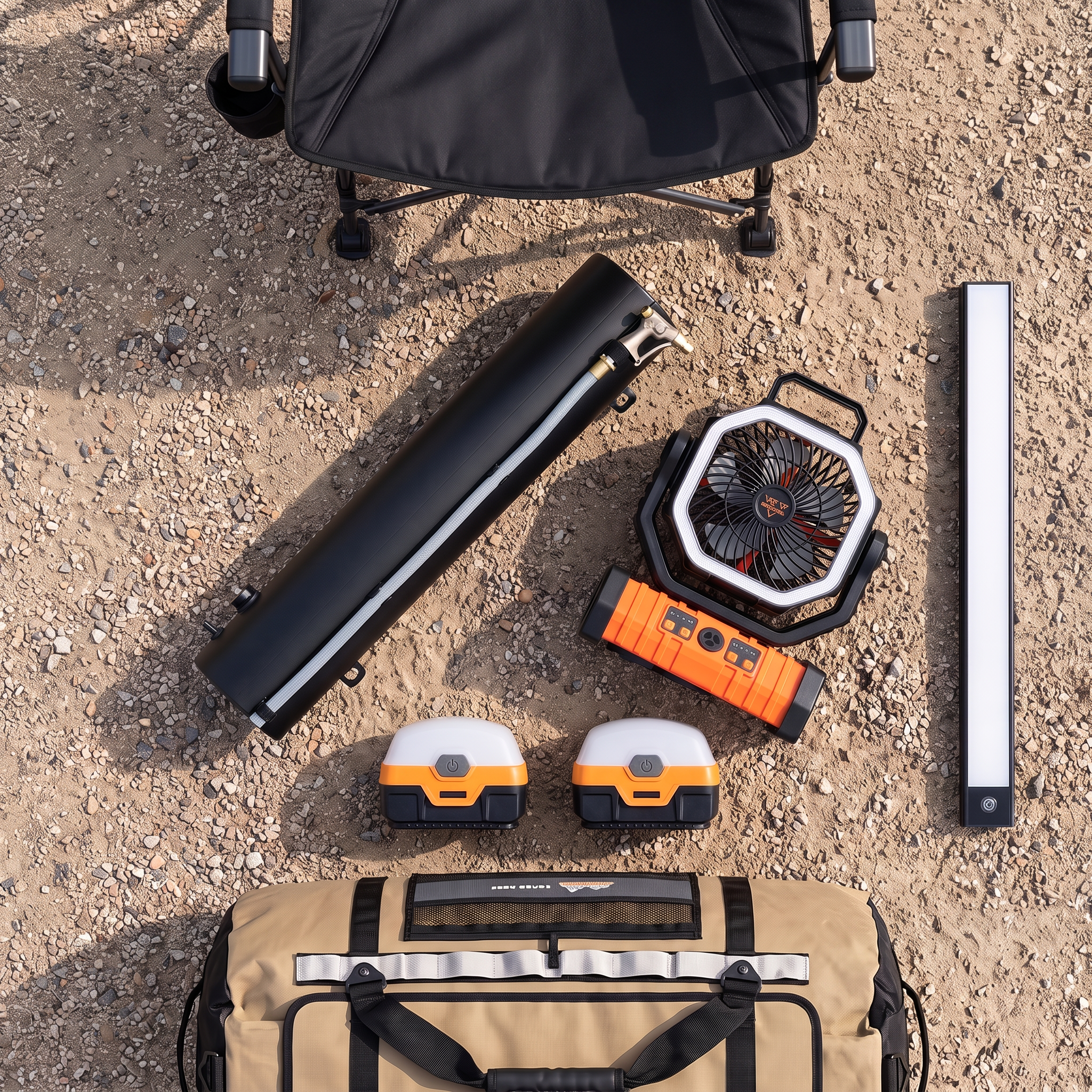 San Hima camping kit flat-lay on gravel sand