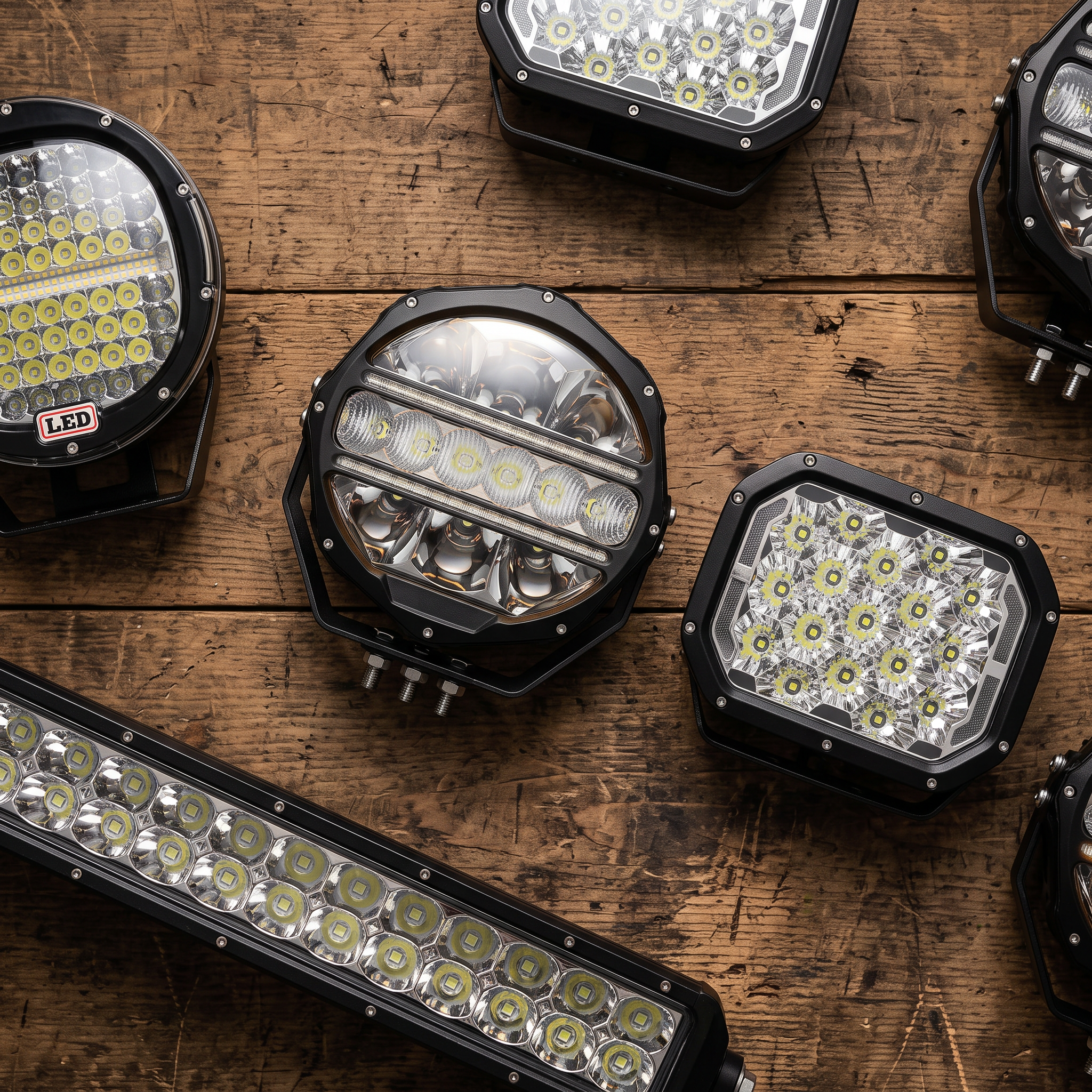 Deadtree LED 4x4 spotlights flat-lay on a dark-wood workbench