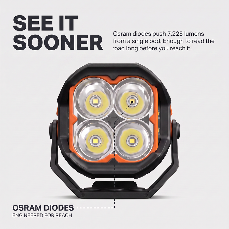 Lightfox 5 inch LED pod light front view - Osram diodes, 7,225 lumens per pod