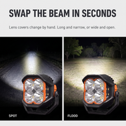 Lightfox Cygnus 5 inch LED pod light interchangeable lens covers - spot beam and flood beam comparison