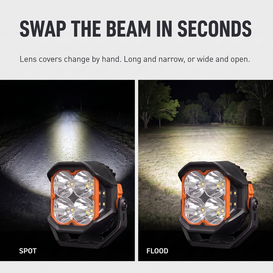 Lightfox Cygnus 5 inch LED pod light interchangeable lens covers - spot beam and flood beam comparison