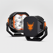 Lightfox Cygnus 5 inch LED pod lights pair, front view and rear blackout cover